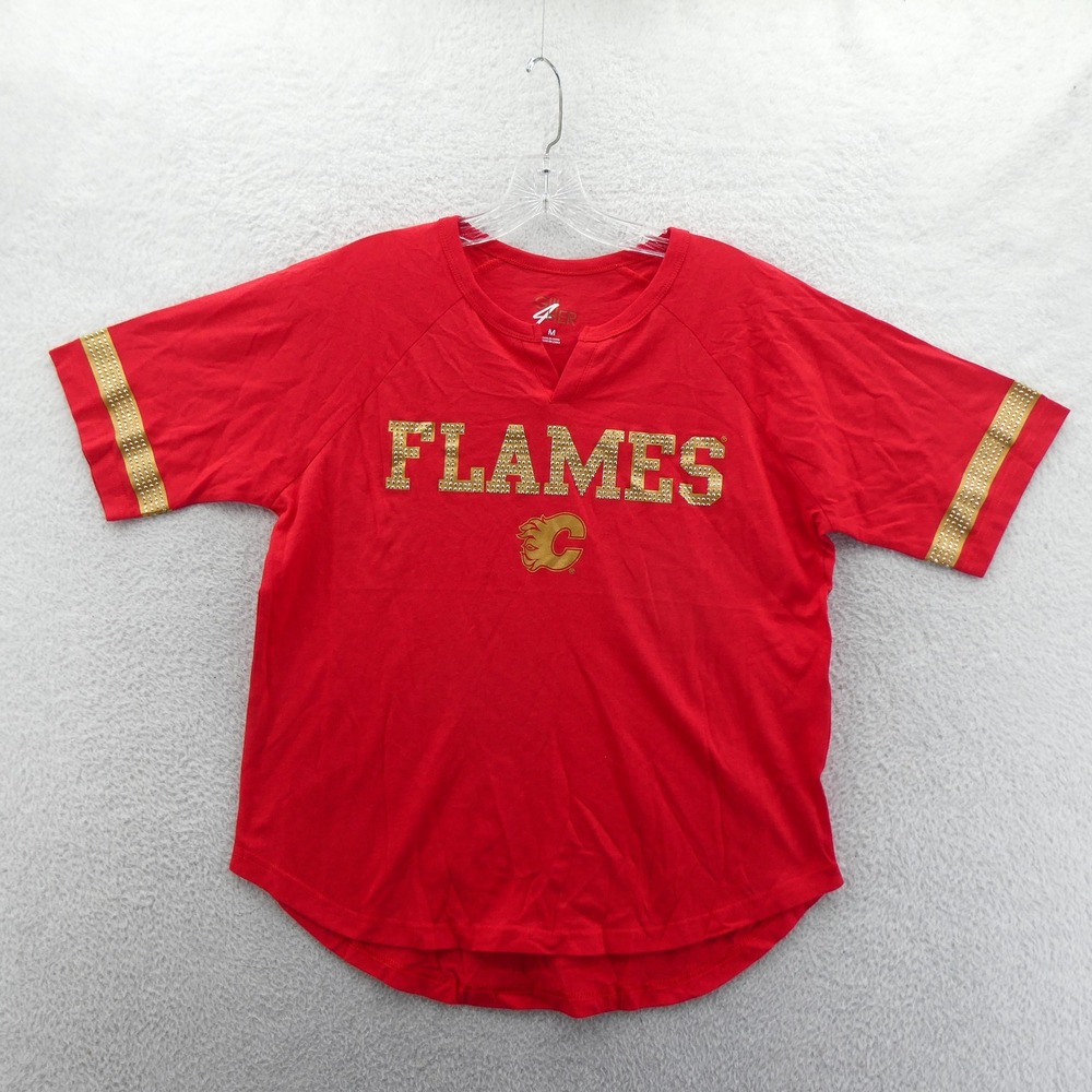 G-III Shirt Womens Medium Calgary Flames Red Gold‎ Studded NHL Fan Apparel